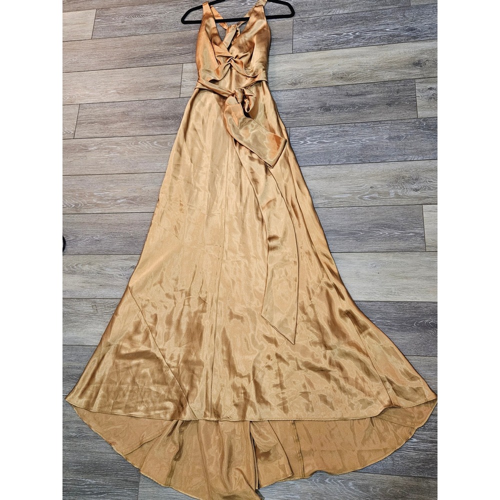 Cache Gold Satin V-Neck Knot Front Formal Gown High-Low Maxi Dress Vintage